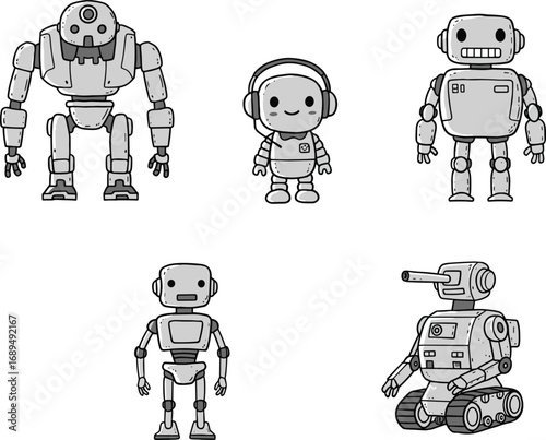 Cute robot collection illustration, futuristic technology characters, cartoon cyborgs, friendly androids, AI, mechanical design, artificial intelligence, digital bots, tech innovation