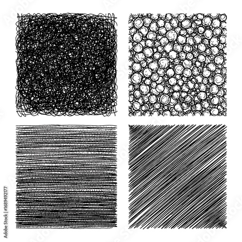 A collection of four distinct abstract square textures rendered in black and white ink strokes and crosshatching techniques