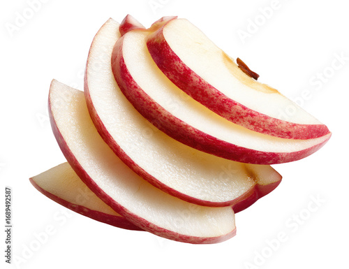Sliced red apple, close-up.  Layered apple slices with vibrant red edges and pale white interior