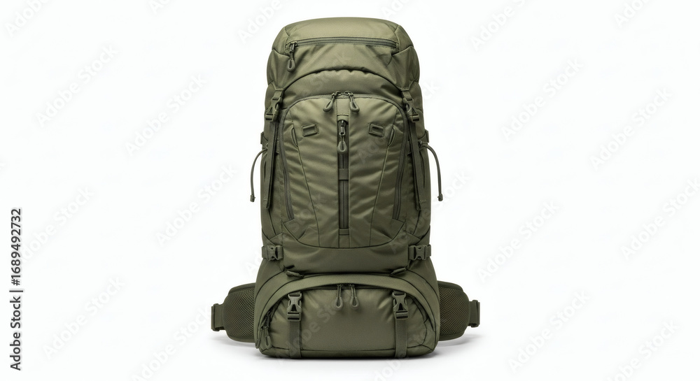 Fototapeta premium Rugged green hiking backpack on white, adventure-ready gear for outdoor excursions.