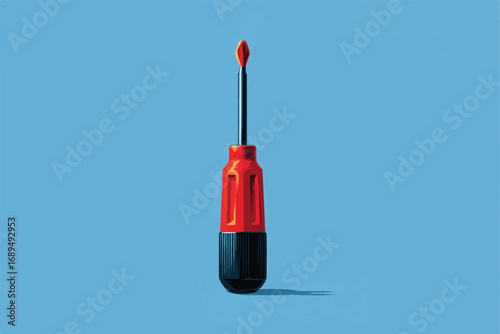 Screwdriver with Red Handle and Black End on Blue Background Essential Tool Repair Equipment