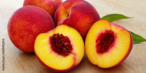 A close-up shot of fresh, ripe nectarines with one cut open, showing a vibrant interior.