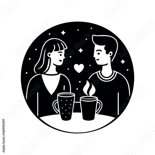 Romantic Date Night Sharing Coffee Under the Stars in Black and White