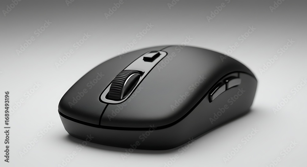 Modern Black Wireless Computer Mouse on a Light Gray Background. Modern Black Wireless Computer Mouse on a Light Gray Background.