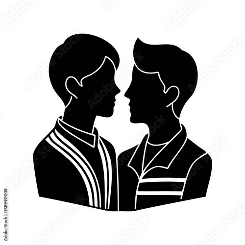 Silhouette illustration of two young men with dark hair and light features