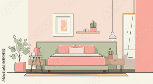 Serene Bedroom Interior Design with Soft Pink Accents and Modern Minimalist Style Illustration