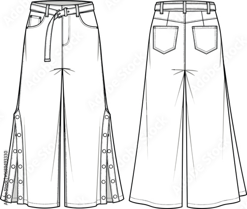 Wide leg pants flat sketch, front and back view, snap button detail, fashion technical drawing, vector CAD illustration, template