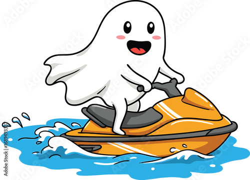 Cute cartoon ghost joyfully riding a yellow jet ski on blue water waves illustration