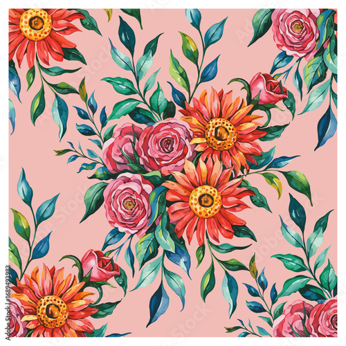 Sunset Blooms is a lively and vivid seamless pattern featuring bold sunflowers, roses, and lush greenery, set against a soft coral background. The hand-painted design bursts with warm oranges, pinks.