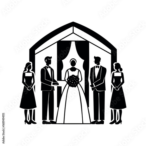 Monochromatic illustration of a wedding ceremony with bride, groom, and attendants