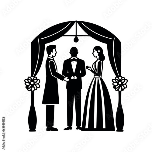 Black and white illustration of a wedding ceremony with floral decorations
