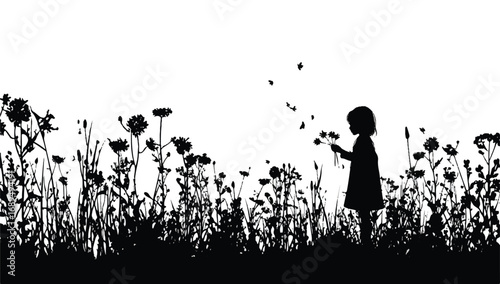 Silhouette of a Child Holding Flowers in a Meadow with Butterflies Against a White Background Illustration