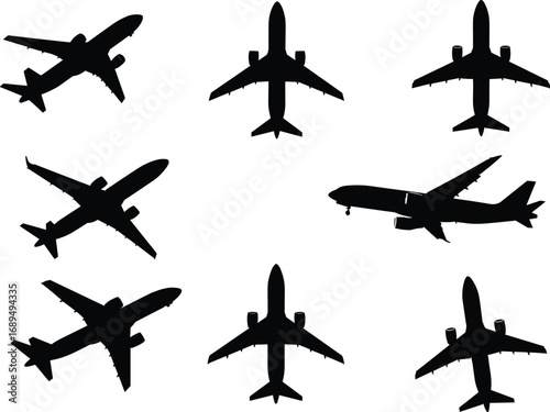 Airplane silhouette, jet plane vector, aviation aircraft icon, flying airplane, commercial airliner, passenger jet, black airplane design, travel clipart