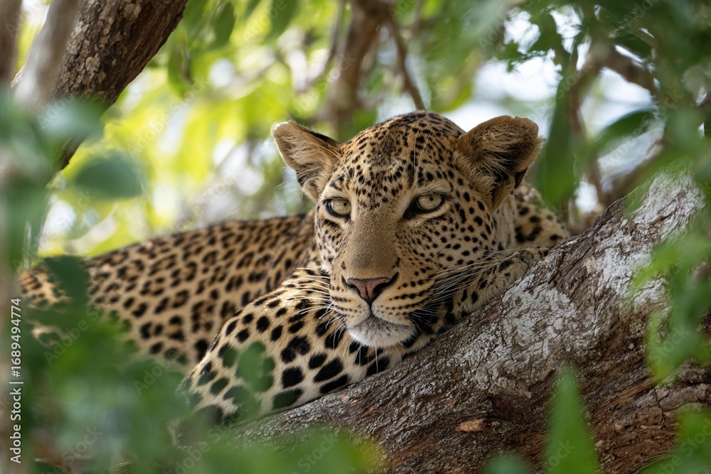 Fototapeta premium A leopard, a spotted feline predator, rests in a tree, a symbol of wild nature and untamed safari