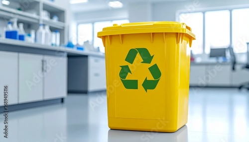 Yellow recycling bin with green symbol in clean lab setting with white cabinets, containers, and eco-friendly emphasis.