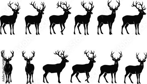 Deer silhouette collection, majestic wildlife animals, forest creatures, antlered deer, nature illustrations, wildlife icons, hunting symbols, outdoor animals