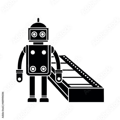 Vintage Robot Character Standing Next to Film Slate, Black and White Graphic