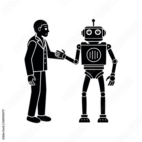 Silhouette of a man in a suit shaking hands with a robot