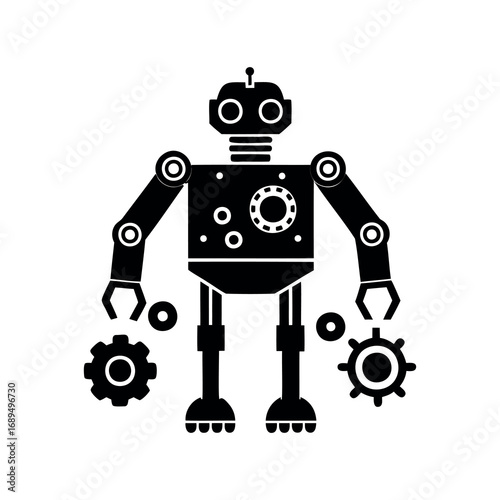 Retro Robot Working on Gears Silhouette Design Illustration with Antenna
