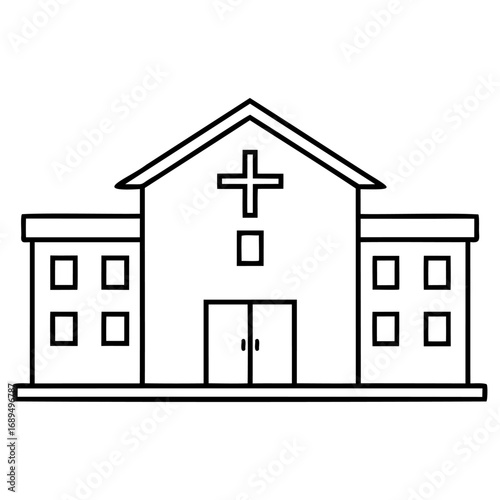 Simple black and white line drawing of a church building with cross