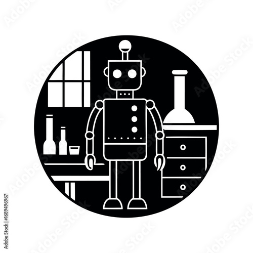 Monochrome illustration of a robot in a laboratory setting inside a circle