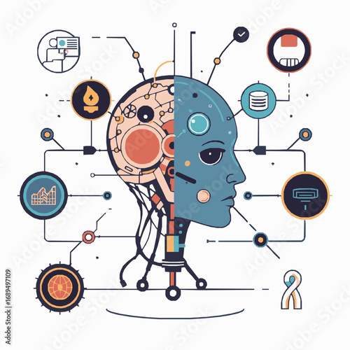 Split image of a human face and a robotic head with interconnected gears and icons vector illustration