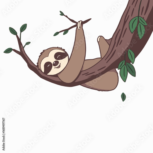 Cute Cartoon Sloth Hanging From Tree Branch With Green Leaves On White Background Keywords: sloth, hanging, tree, branch, leaves, cute, cartoon, animal, wildlife, nature, jungle