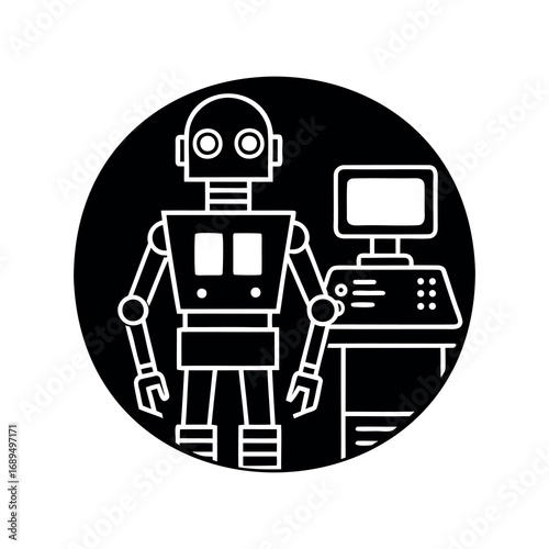 Monochrome illustration of a robot standing next to a computer system inside circle