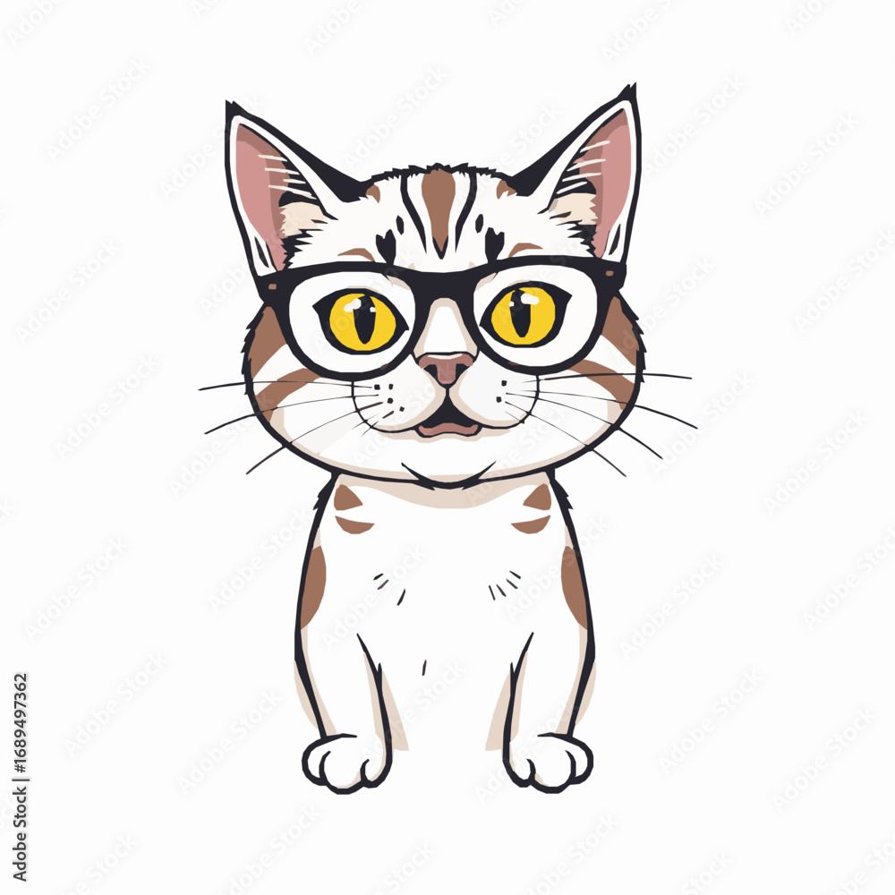 Obraz premium Cute Cartoon Cat with Brown Patches and Yellow Eyes Wearing Glasses kitten feline