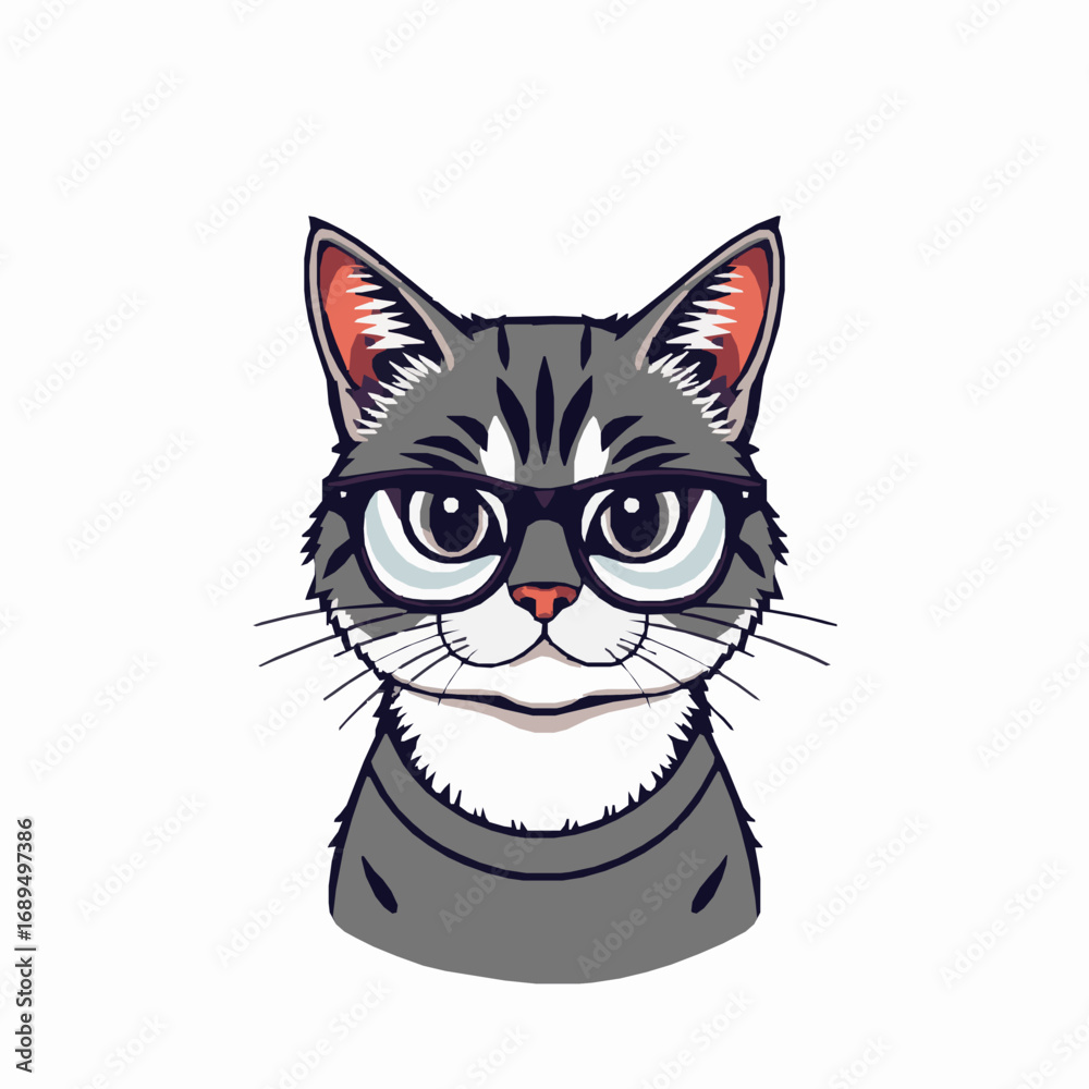 Obraz premium Grumpy Grey Tabby Cat with Glasses and Intense Eyes kitten feline