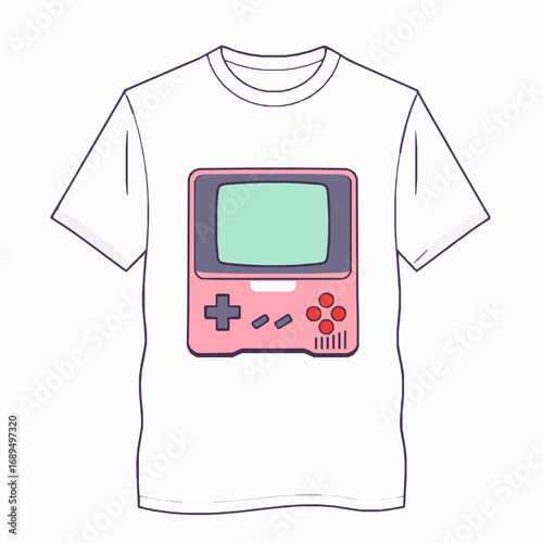 White T- Shirt with a Pink Retro Video Game Console Graphic on White Background Keywords: t-shirt, white t-shirt, graphic tee, clothing, apparel, fashion, style, retro, vintage
