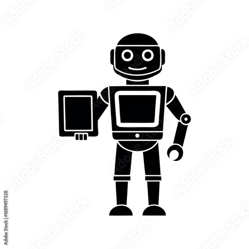 Stylized black robot with rounded head holding a tablet device in hand