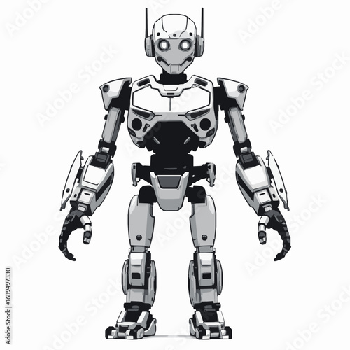 Full body illustration of a futuristic white and gray robot standing with arms outstretched on a white background