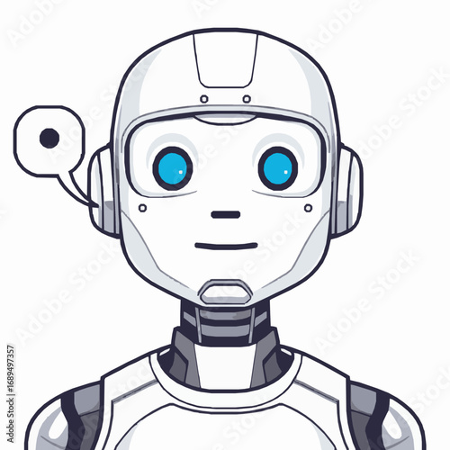 Close-up portrait of a friendly white robot with blue eyes and a speech bubble on a white background