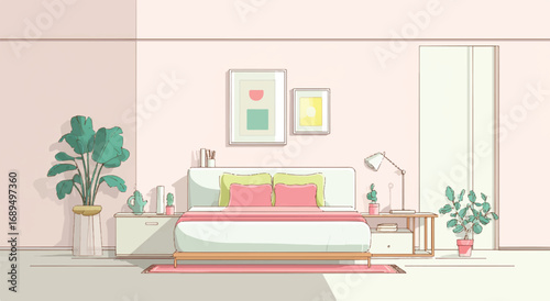 Stylish pink bedroom illustration with modern furniture plants and pastel colors a peaceful interior design rendering