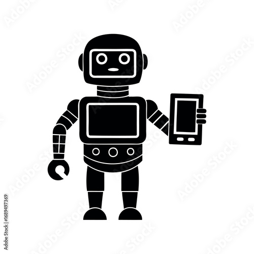 Retro styled black and white robot holding a smartphone, modern technology