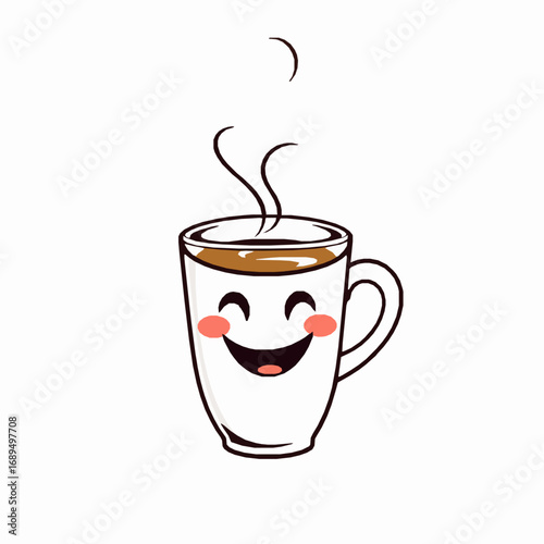 Happy Cartoon Coffee Cup with Steam and Smiling Face on White Background drink