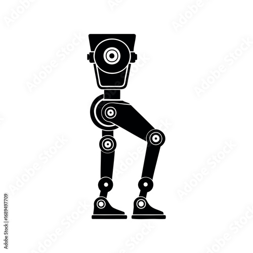 A monochrome illustration of a stylized robot leg design over white background
