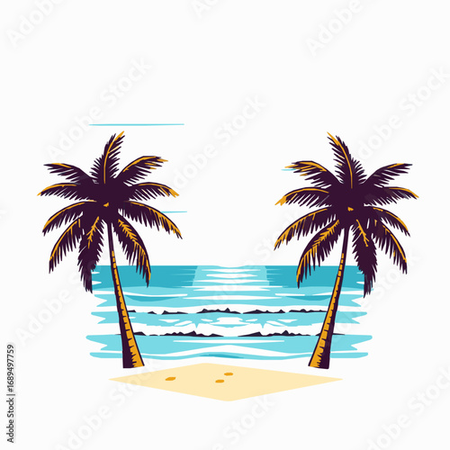 Two silhouetted palm trees on a sandy beach with turquoise ocean waves and white background water