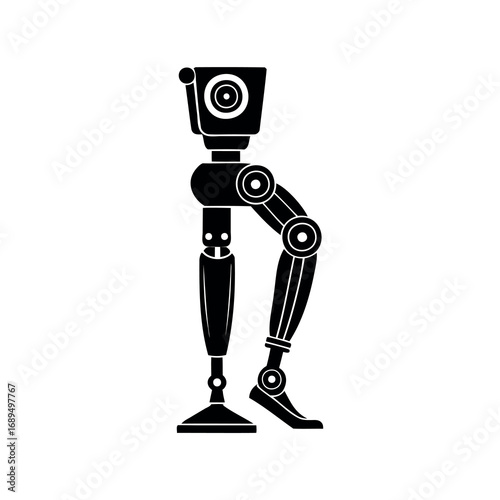 Stylized illustration of a black robot body and leg on white backdrop