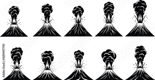 Volcano eruption vector, volcanic explosion icons, smoke and lava, natural disaster illustration, volcano smoke cloud, volcanic eruption, magma eruption vector, nature hazard, mountain eruption
