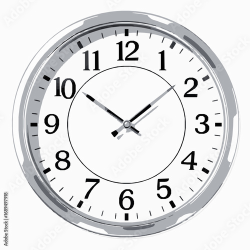Round wall clock with Arabic numerals and black hands showing approximately 10:08 time timepiece