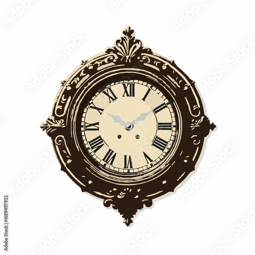 Antique Ornate Wall Clock with Roman Numerals and Decorative Frame on White Background Keywords: clock, antique, ornate, wall clock, roman numerals, vintage, decorative