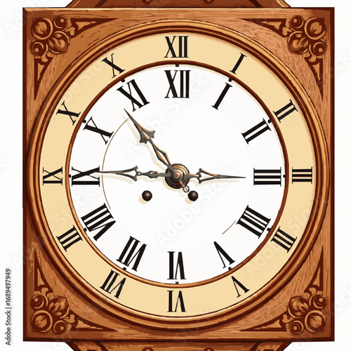 Antique square wooden grandfather clock face with Roman numerals and ornate hands time vintage