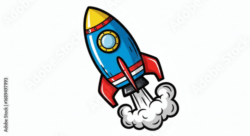 Cartoon rocket ship taking off with vibrant colors on a clean background.