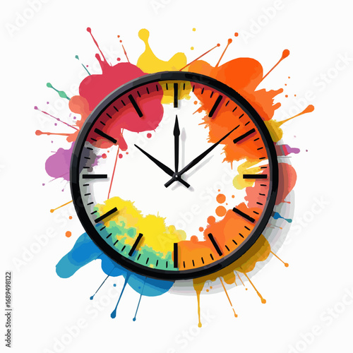 Colorful paint splashes explode around a black framed clock face with colorful segments time