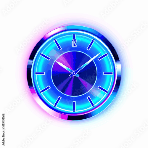 Futuristic neon blue and purple clock face with glowing aura and glitch effect time