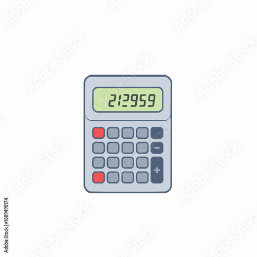 A simple calculator with a green digital display showing numbers and red and blue buttons on a white background