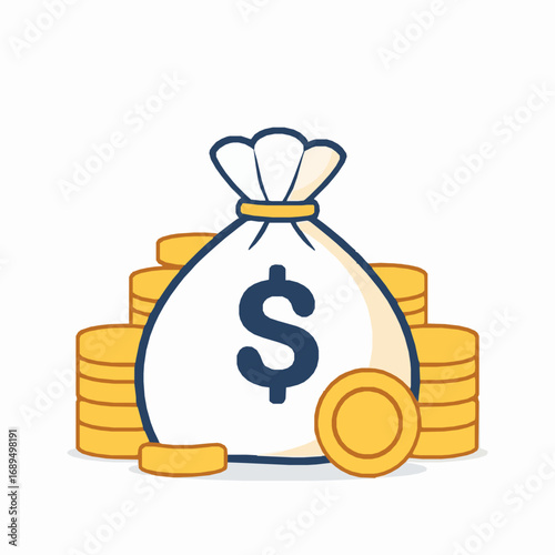 A white money bag with a dollar sign and stacks of gold coins on a white background wealth