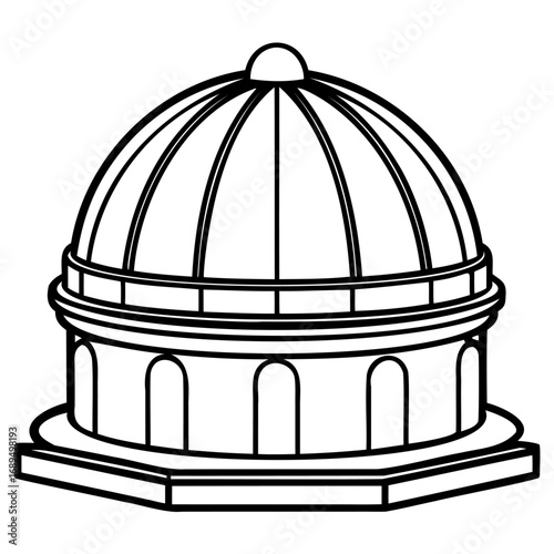 Black and white line drawing of a domeshaped building with classical architecture